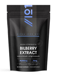 ALPHA01 Bilberry Extract 30,000mg - Standardised 25% Anthocyanidins from 50:1 Vaccinium Uliginosum Extract - 90 Vegan Capsules (3 Months Supply) – Resealable and Recyclable Pouch by Alpha01
