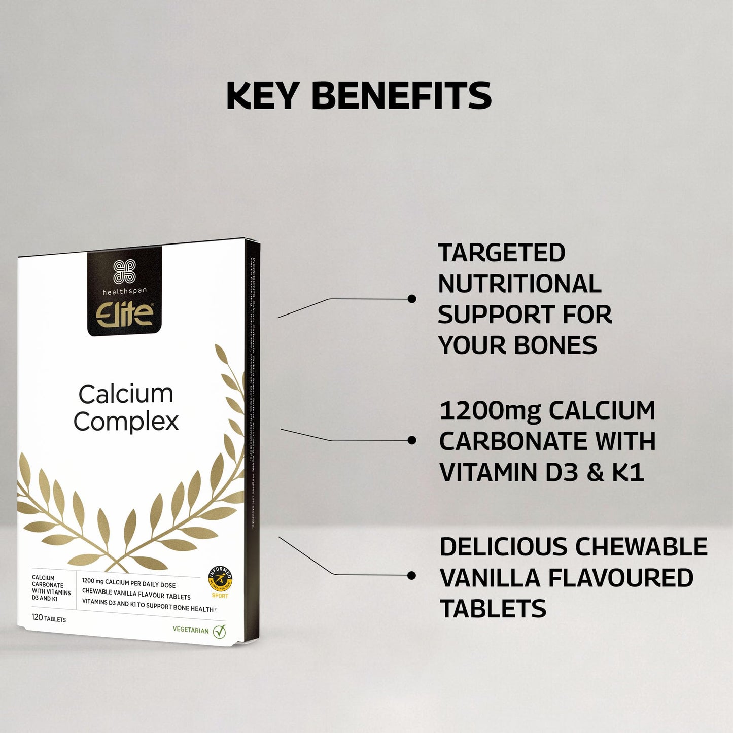 Healthspan Elite Calcium Complex 1,200mg | 120 Tablets | All Blacks Official Partner | Added Vitamin D3 and Vitamin K1 | Bone Health | Vanilla Chewable Tablets | Informed Sport Accredited | Vegetarian