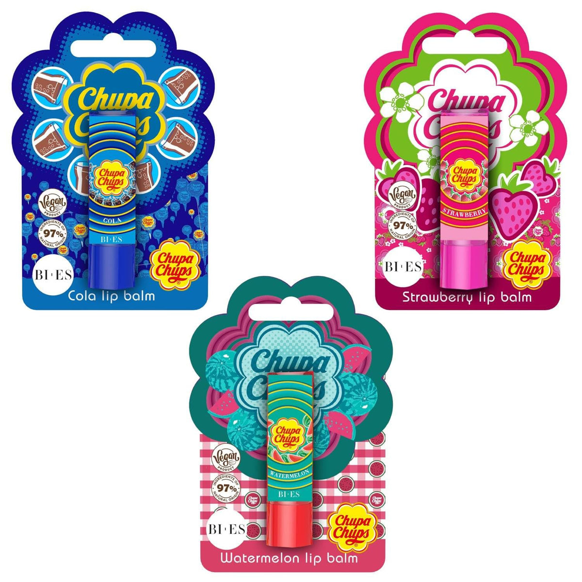 KP Pharma Chupa Chups Flavoured Lip Balm Set – Strawberry, Cola & Watermelon | Natural, Vegan, Dermatologically Tested | Moisturizing & Hydrating Lip Care for Kids, Teens & Adults