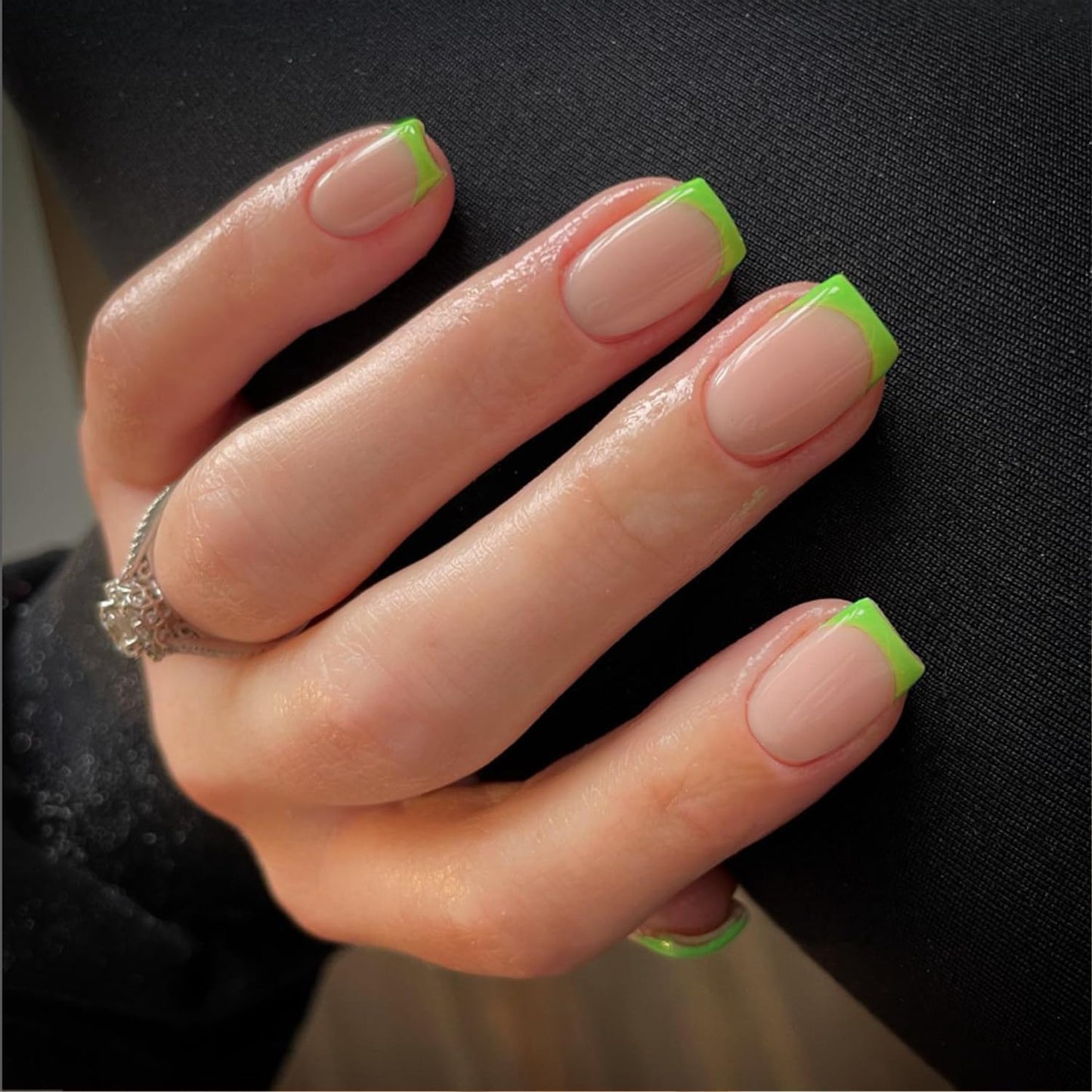 SXVME 30 Pcs Spring Light Green French Tip Press on Nails Short Square False Nails Press ons, French Tip Fake Nails Short Stick on Nails for Women, Natural French Acrylic Nails 15 Sizes