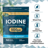 Iodine Tablets 500mcg | High Strength Iodine Supplement | 365 Vegan Tablets | by Carlyle