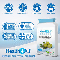 Health4All Olive Leaf Extract 90 Capsules. 20% Oleuropein, Purest, No Additives, Vegan, Non-GMO, Gluten Free Antioxidant Supplement for Immune Support, Blood Pressure and Cholesterol Support