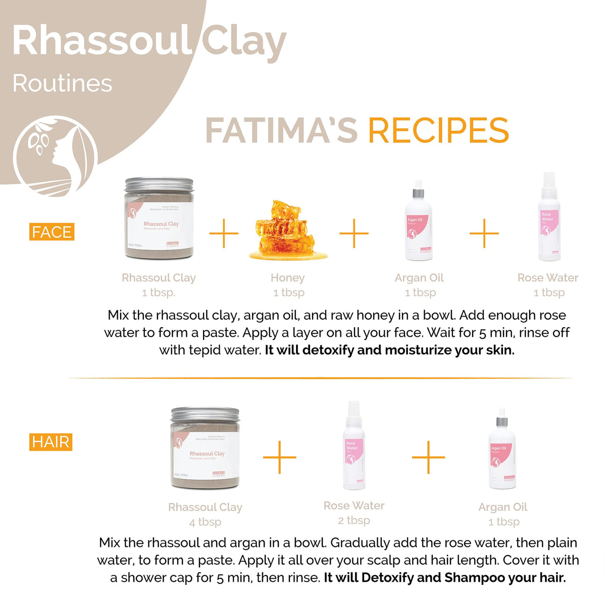 Fatima's Garden Rhassoul Clay, 100% Natural Moroccan Ghassoul Clay Powder for Face, Hair & Hammam; enriched with Argan and 6 herbs, cleansing & softening & purifying for hamam-8.8oz / 250gr
