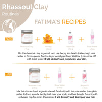 Fatima's Garden Rhassoul Clay, 100% Natural Moroccan Ghassoul Clay Powder for Face, Hair & Hammam; enriched with Argan and 6 herbs, cleansing & softening & purifying for hamam-8.8oz / 250gr