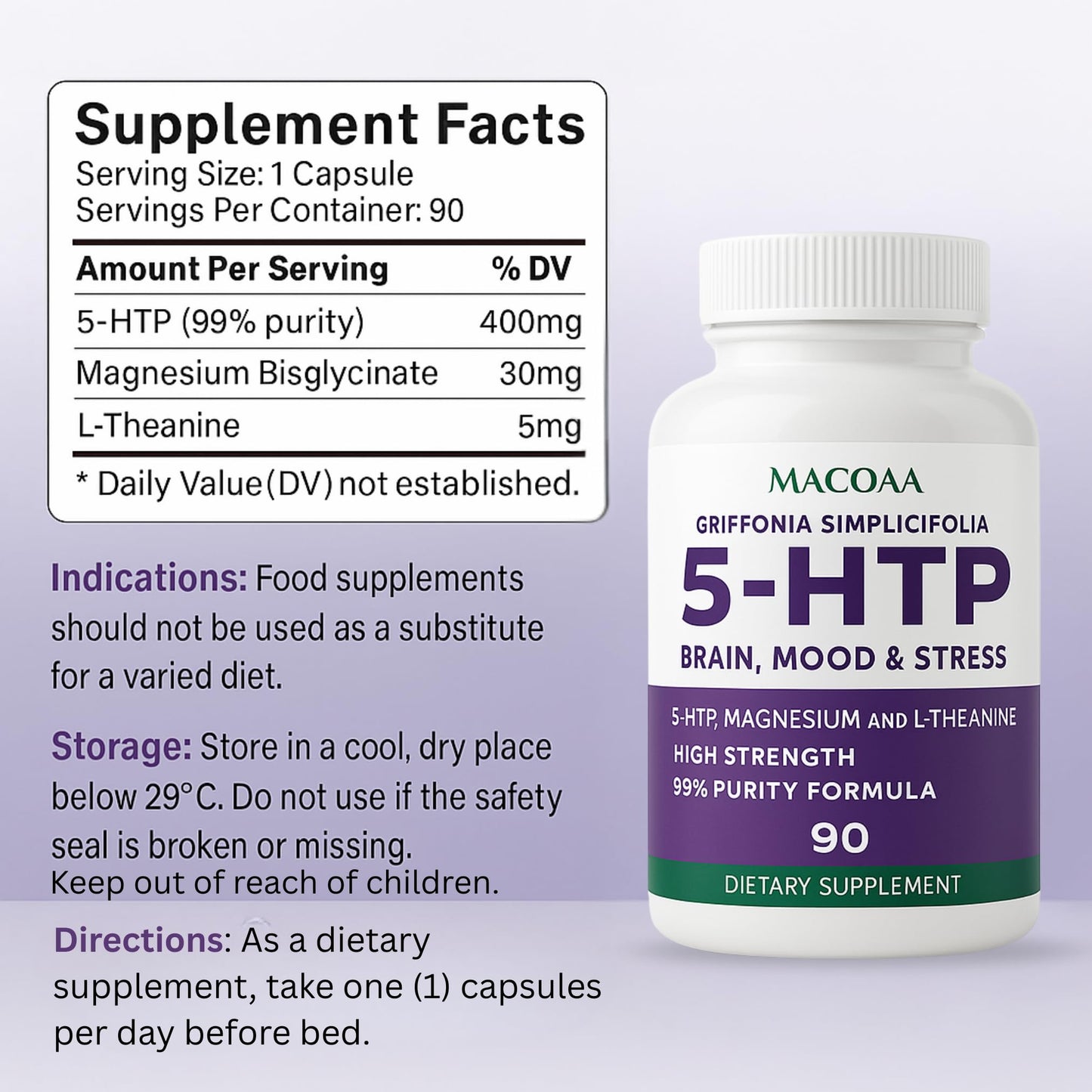 5HTP Supplement, 400mg High Strength 5 HTP Griffonia Complex 99% Purity with Magnesium Bisglycinate and L-Theanine, Sleep and Mood Support, 90 Capsules