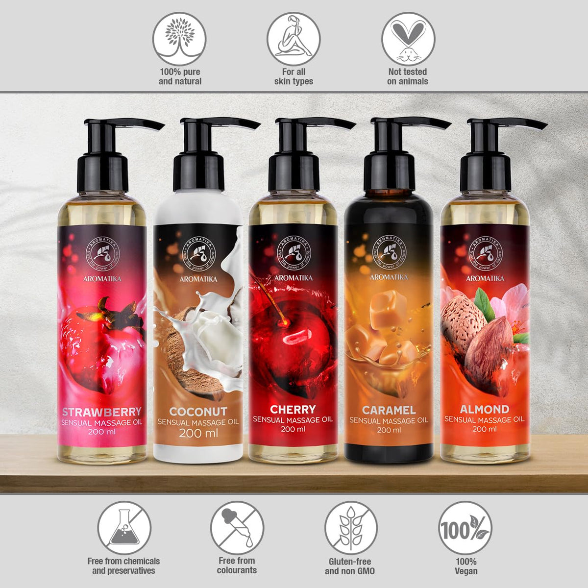 AROMATIKA trust the power of nature Sensual Massage Oil Set 2 x 200ml - Strawberry & Cherry - Blend of Almond and Grapeseed Oils - Edible & Kissable Massage Oil - Body Oil for Him & Her - for Couples - Romantic Gift - Relaxing Oil