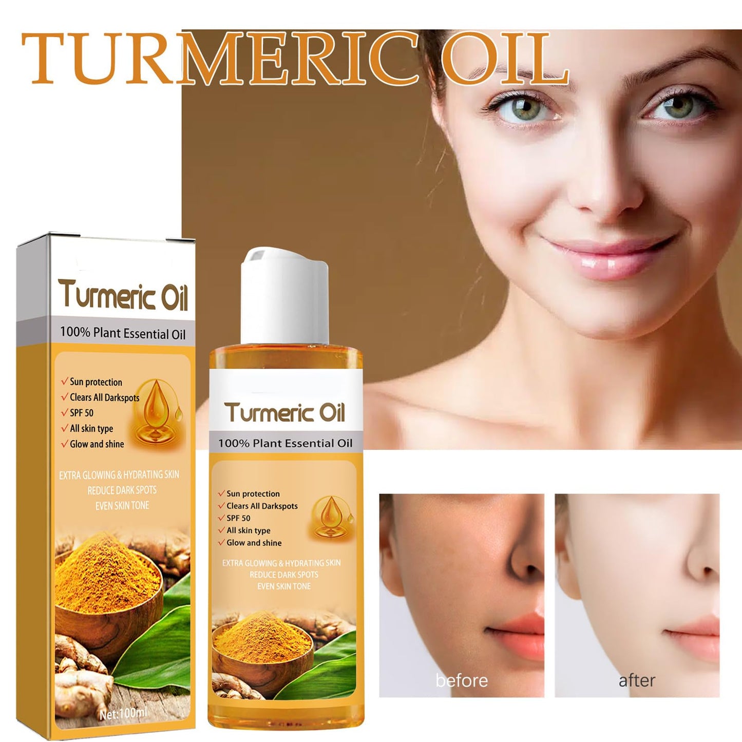 DMQ Turmeric Essential Oil,2PCS Turmeric Serum Dark Spot Removal Serum,Turmeric Skin Oil for Dry Skin,Turmeric Anti Aging Face Serum for Women,Turmeric Oil and Serum,Skin Moisturiser for Body&Face-100ml*2