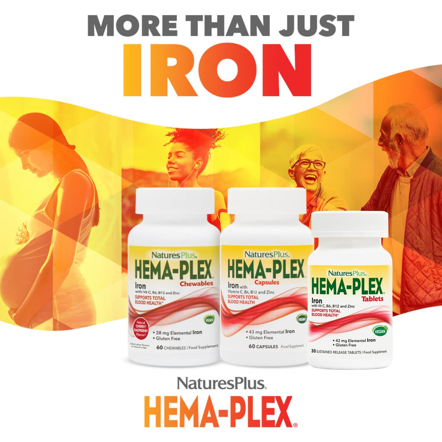 Nature's Plus NaturesPlus HemaPlex - Gentle Iron Supplement with Vitamin C, Methyl B12, Folate - Blood Health, Immune Support, Energy - Vegan, Gluten Free - 30 Tablets