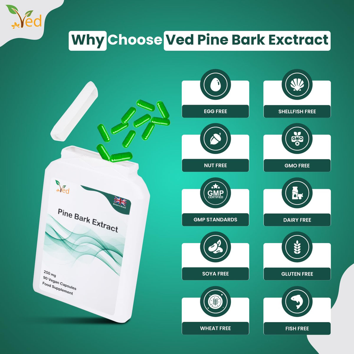 VED Pine Bark Extract 250 mg | 90 Vegan Capsules | High Potency Antioxidant Dietary Supplement |(Pack of 2)