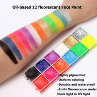 KARLOR UV face paint, 12 neon make-up paint fluorescent body paint black light neon face painting UV face paint body painting glow in UV light UV glow party Halloween oil-based