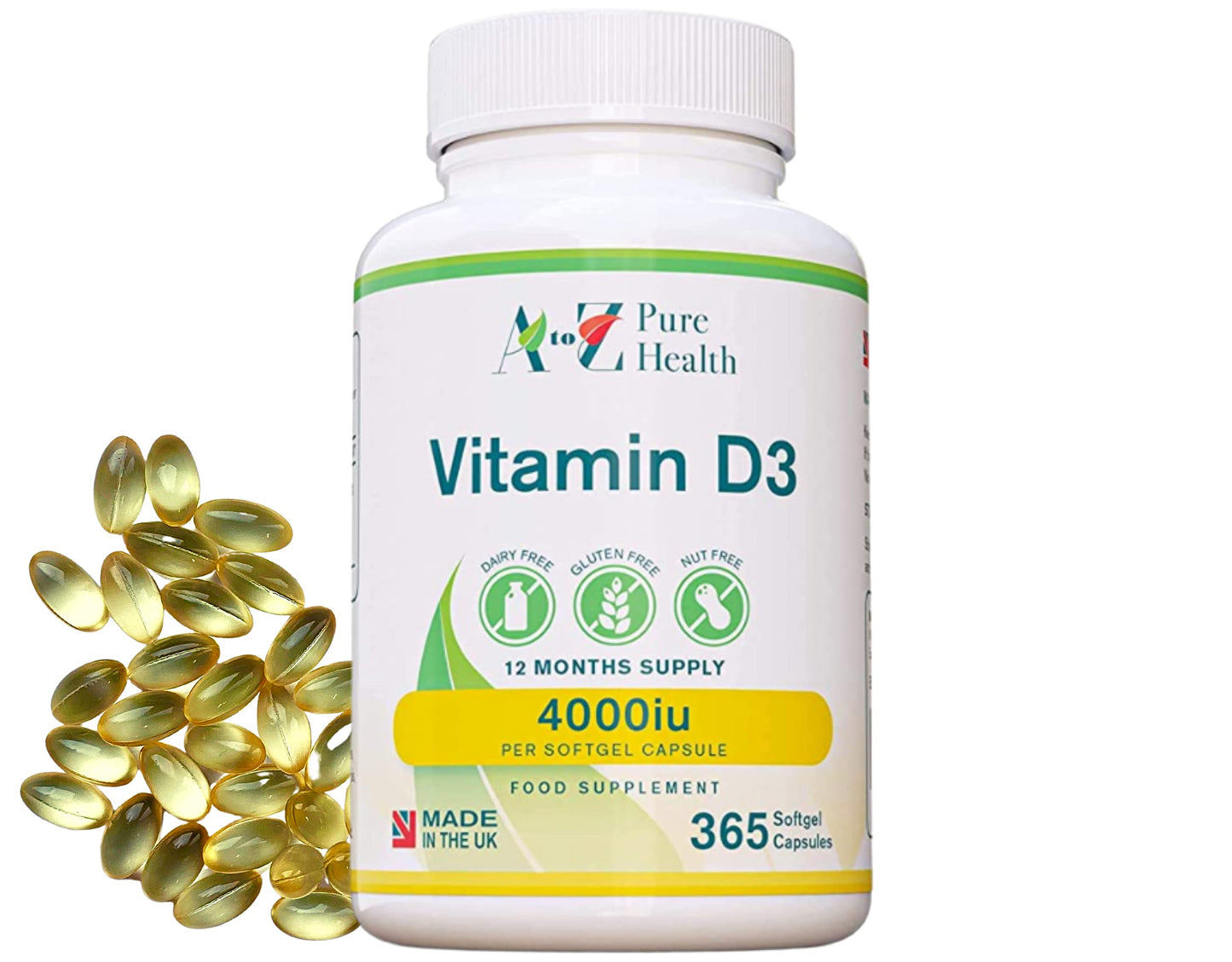 Premium High Strength Vitamin D3 4000iu Supplement | 365 Easy to Swallow Softgel Capsule | One a Day, Year Supply | Supports Healthy Bones, Teeth, Muscle and Immune System | UK Made