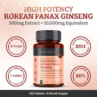 Pureclinica High Potency Korean Panax Ginseng 10,000mg x 720 Tablets (4 Bottles of 180)- 2 Years Supply
