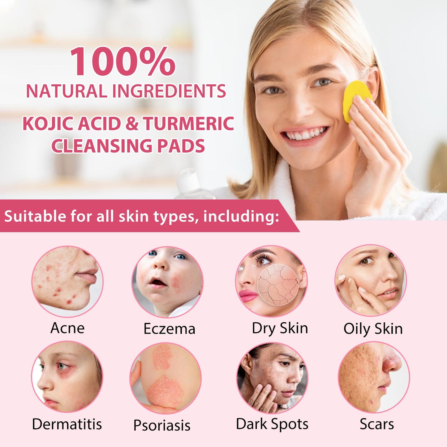 Tioueo Kojic Acid and Turmeric Cleansing Pads - 40PCS Brightening and Exfoliating Pads for Smooth, Radiant Skin