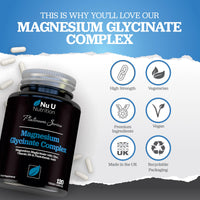 Magnesium Glycinate Complex with Vitamin B6, Zinc & Pantothenic Acid - 120 Vegan Capsules - 250mg Elemental Magnesium per Serving - High Strength Magnesium Bisglycinate - Nu U Nutrition