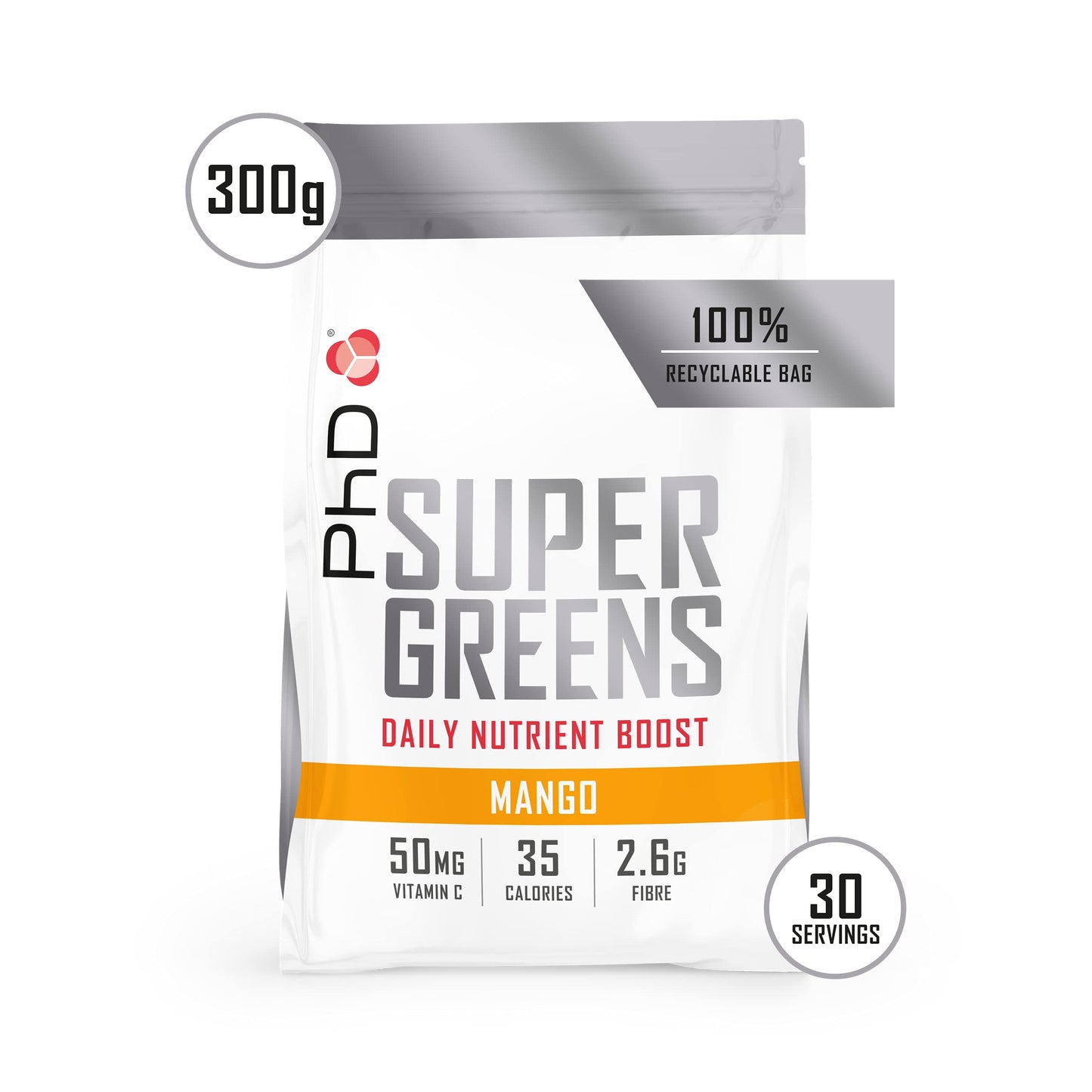 PhD Nutrition Super Greens Powder, Mango Flavour, High Fibre Low Sugar, Blend of 18 Nutrient Rich Fruits and Vegetables, 300 g