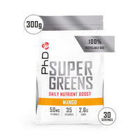 PhD Nutrition Super Greens Powder, Mango Flavour, High Fibre Low Sugar, Blend of 18 Nutrient Rich Fruits and Vegetables, 300 g