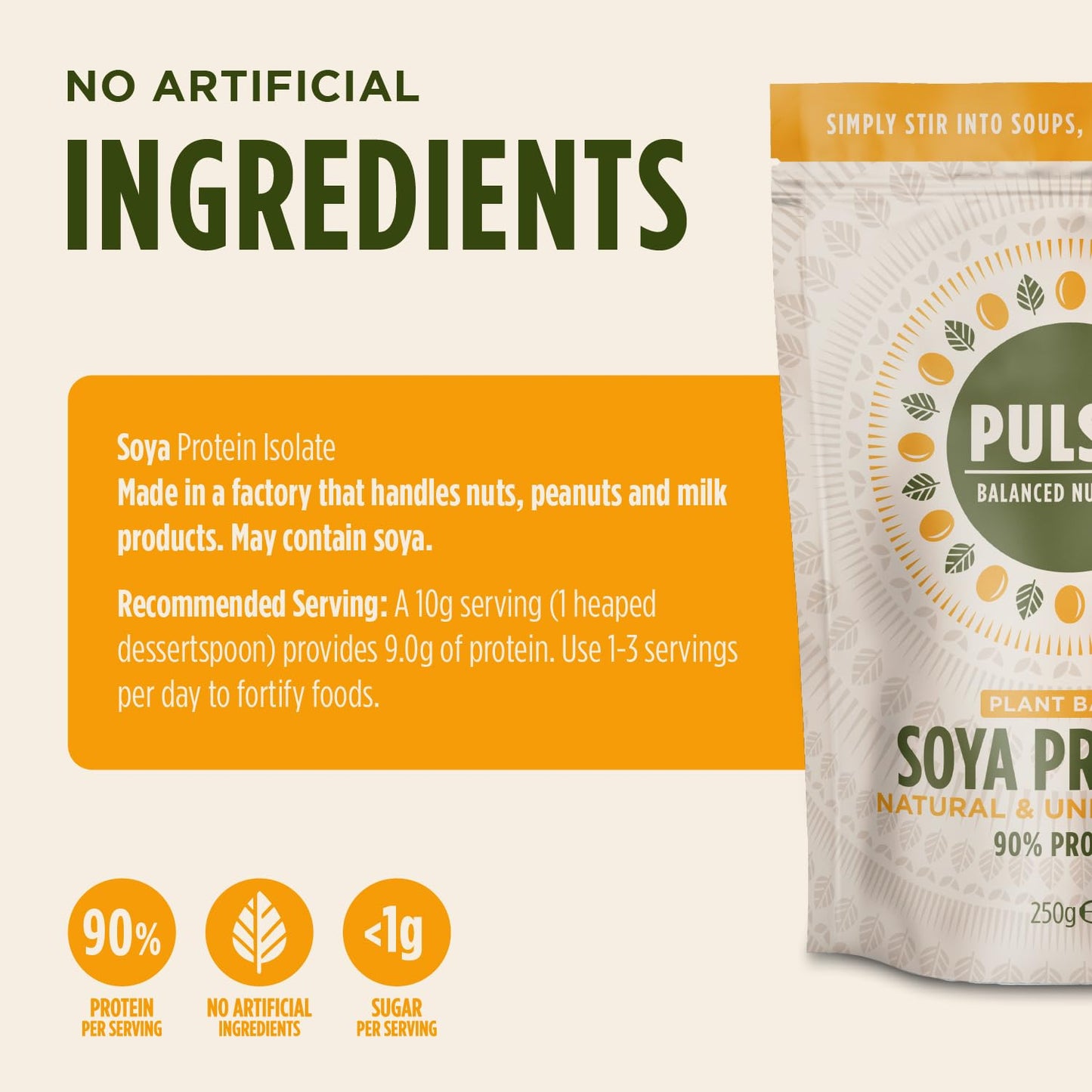 Pulsin - Unflavoured Vegan Soya Protein Powder - 250g - 9g Protein, 0.1g Carbs, 39 Kcals Per Serving - Gluten Free, Plant Based, Palm Oil Free & Dairy Free Protein