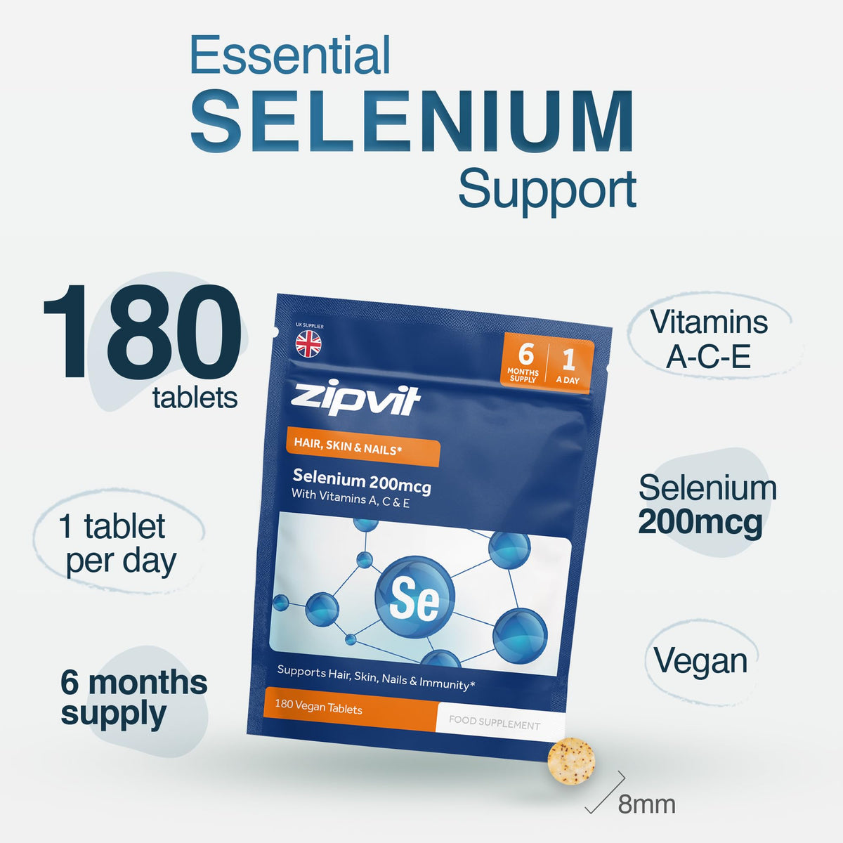 Zipvit Selenium 200mcg with Vitamins A, C, E Pouch. 180 Vegan Tablets. Supports Normal Thyroid, Skin, Hair & Nails, Immune System, and Antioxidant Protection. 6 Month Supply. UK Supplier.