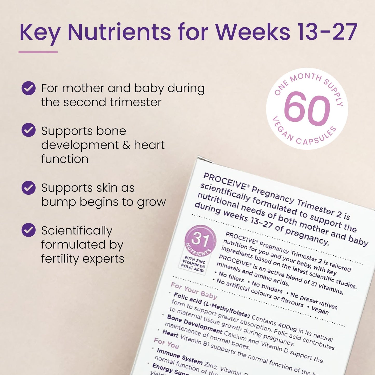 Proceive® Pregnancy Trimester 2 (13-27 Weeks) Pregnancy Vitamin & Mineral Supplements - Vegetarian - 60 Capsules/1 Month Supply