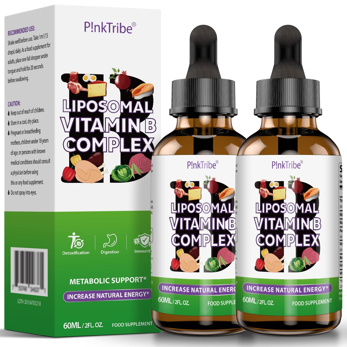 P!nkTribe Liposomal Vitamin B Complex Liquid Drops - 60ml, High Potency B Vitamin Supplement for Energy Support & Nervous System Health (Pack of 2)