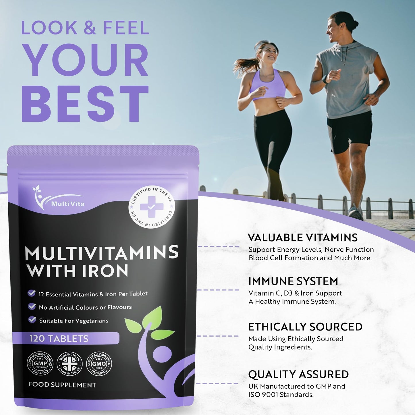 Multivita Multivitamins with Iron – 12 Essential Vitamins & Iron – Immune, Energy & Skin Support – 1-a-Day for Men & Women – 120 Tablets – 4 Month Supply – Vegetarian – Made in UK