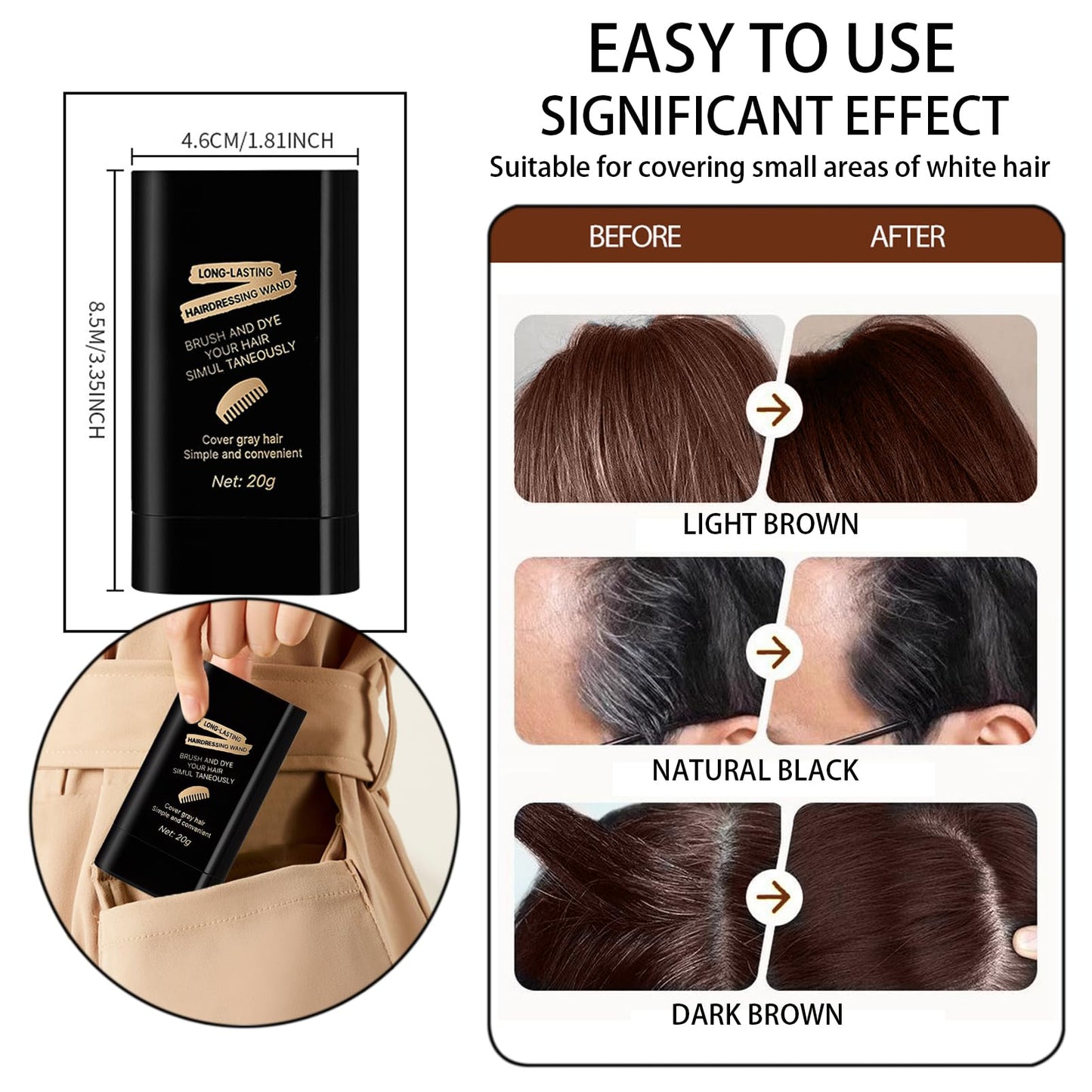 DMQ Temporary Hair Color Stick, 20G Light Brown Hair Dye Comb,Instant Coverage, Quick Styling & Concealing, Portable Dye Comb For Travel Business Trips (Light Brown)
