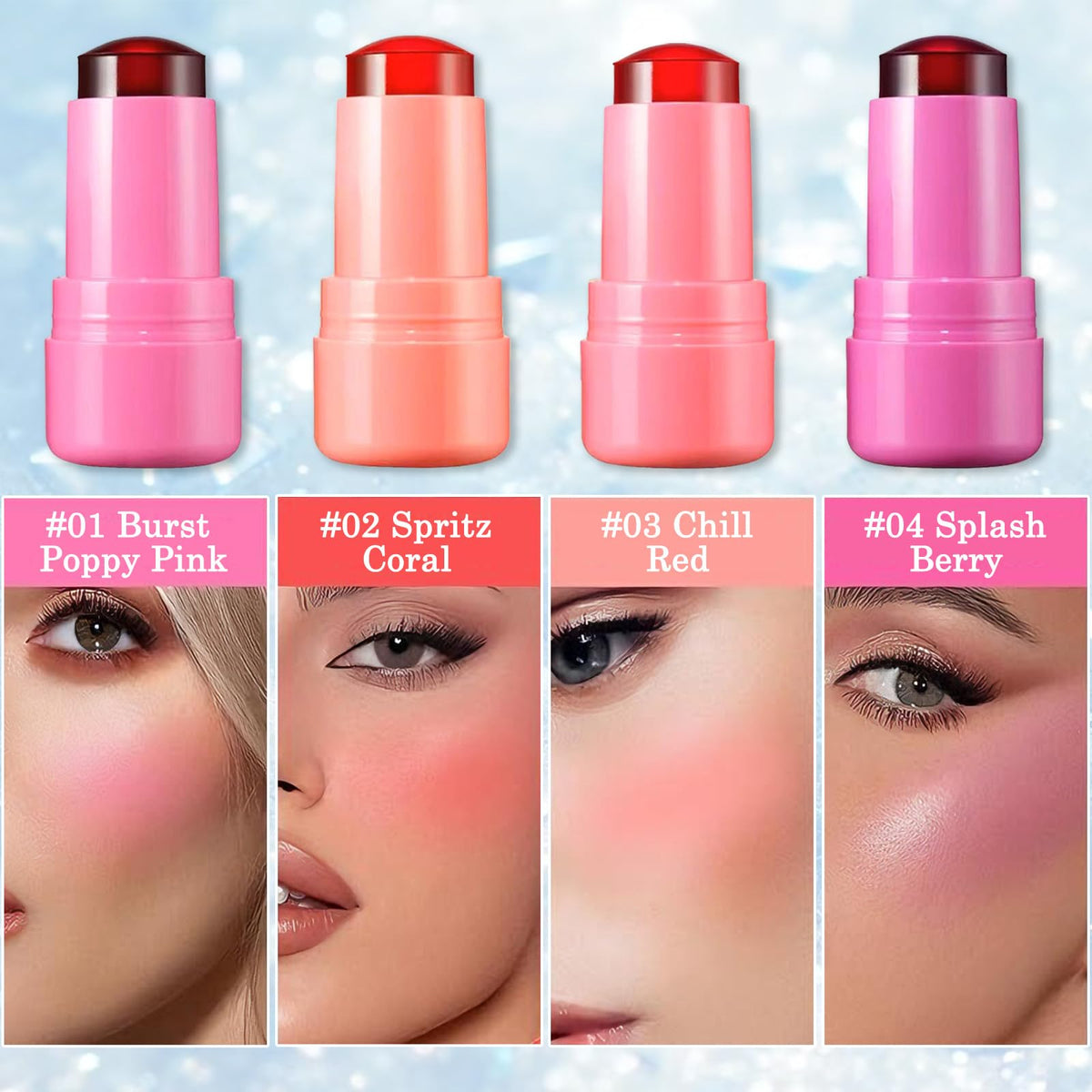 Generic 4 Pcs Jelly Blush Stick, Waterproof & Sweatproof 3-in-1 Multi-Use for Cheeks Lips Eyes, Long-Lasting 12-Hour Hydrating Formula with Hyaluronic Acid, Portable 4-Color Set with Nude (4PCS)