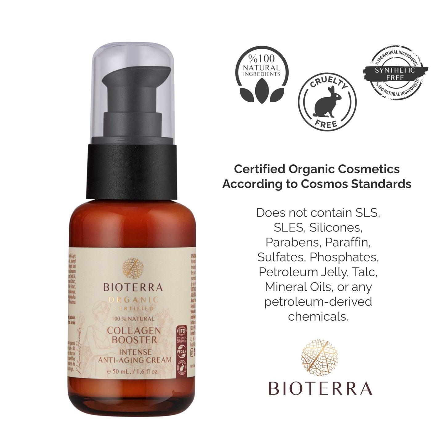 Bioterra Organic Collagen Booster Intense Anti-Aging Cream, Natural Ingredients, Face Moisturiser for Ultimate Glow, Cruelty-Free, 50 ml