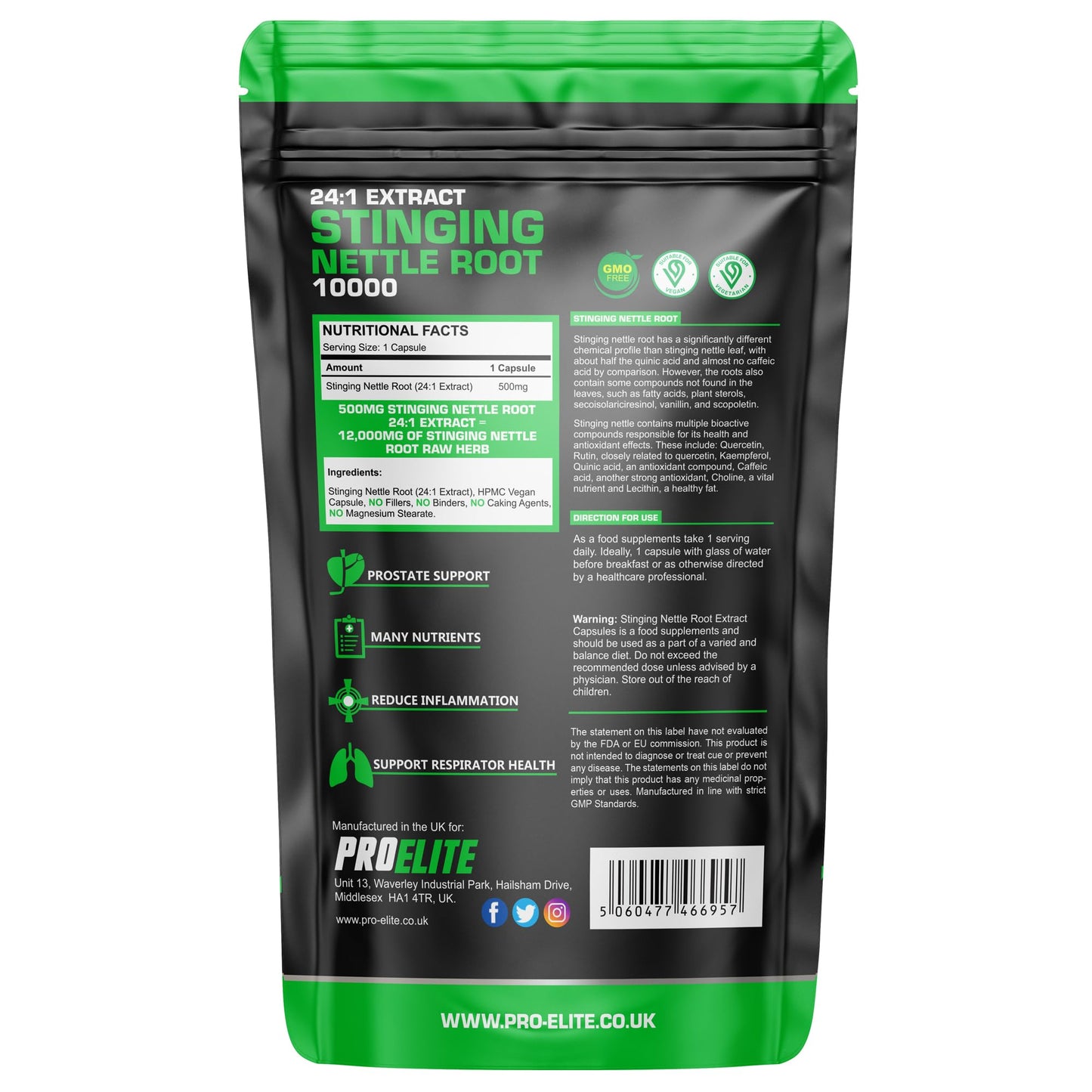 Stinging Nettle Root | 60 Capsules Vegan - 24:1 Extract 12,000mg Nettle Root per Capsule | High Strength Stinging Nettle Alternative to Powder NO Fillers & Binders | Made in UK by PROELITE