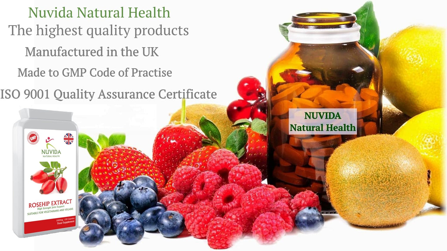 NUVIDA NATURAL HEALTH Rosehip Capsules - High Strength Rosehip Supplement with Vitamin C to Support Joint Health, Bones, Cartilage and Collagen Formation - 120 Vegan Rosehip Capsules. Up to 4 Months Supply.