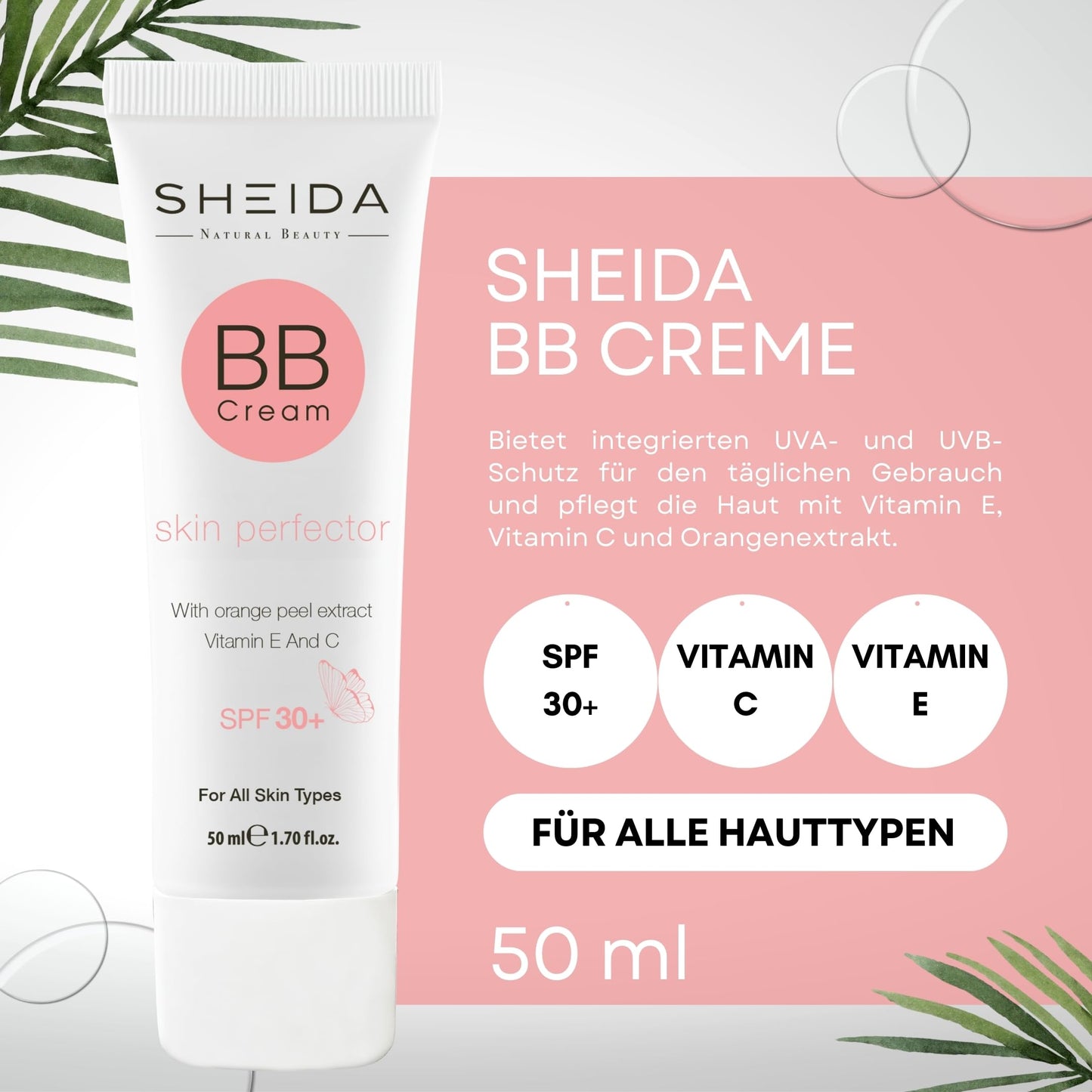 SHEIDA BB Creme, Tinted Day Cream with SPF 30+, 24h Moisture and Skin Optimiser for an Even Complexion, Enriched with Vitamin E & C. Multifunctional Care with Sun Protection (Extra Light, One Size)