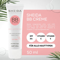 Sheida SHEIDA BB Creme, Tinted Day Cream with SPF 30+, 24h Moisture and Skin Optimiser for an Even Complexion, Enriched with Vitamin E & C. Multifunctional Care with Sun Protection (Dark, One Size)