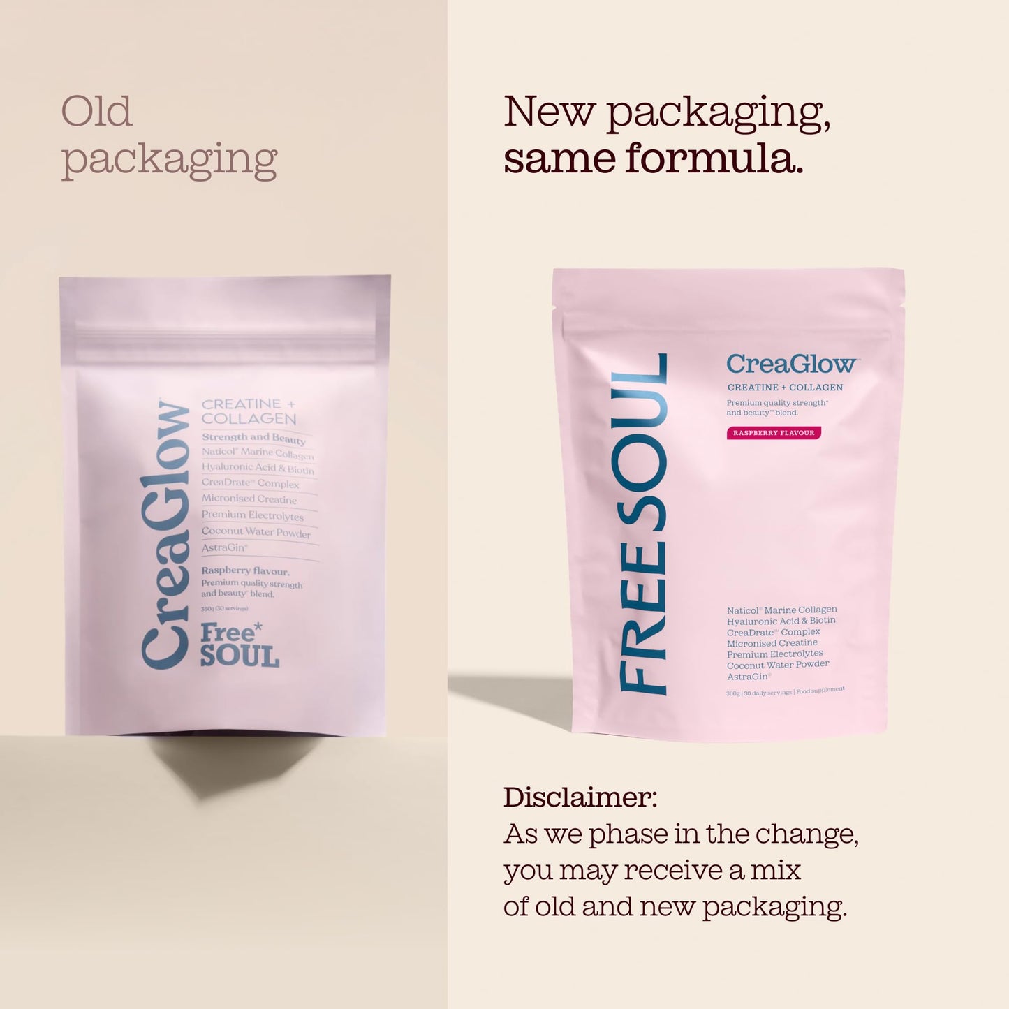 Free Soul CreaGlow | Marine Collagen + Creatine + Electrolytes | Raspberry