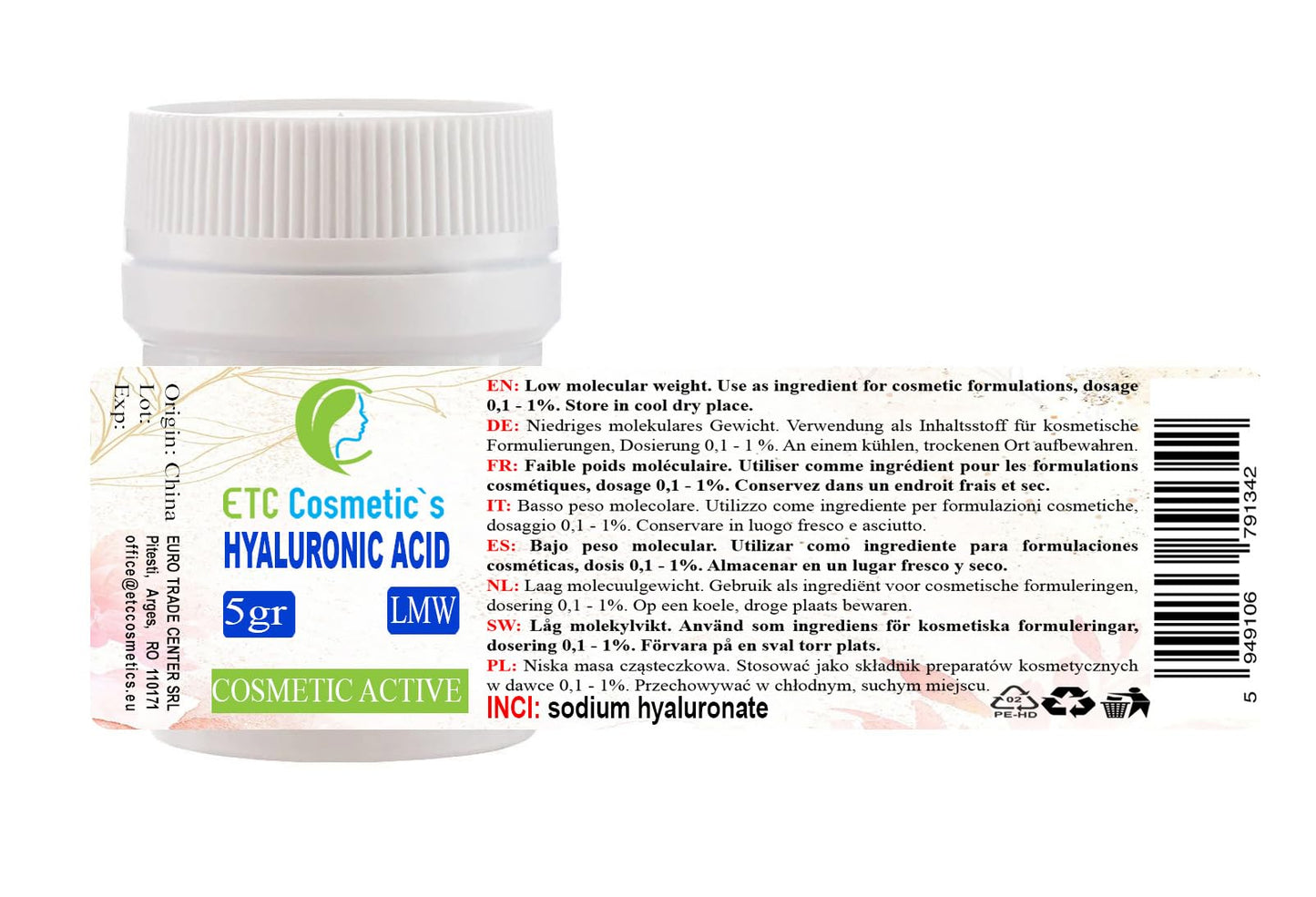 ETC Cosmetic`s HYALURONIC Acid Powder- 5g LMW (Low Molecular Weight) 100% Natural & Strong Anti-Aging,Wrinkle-Filler