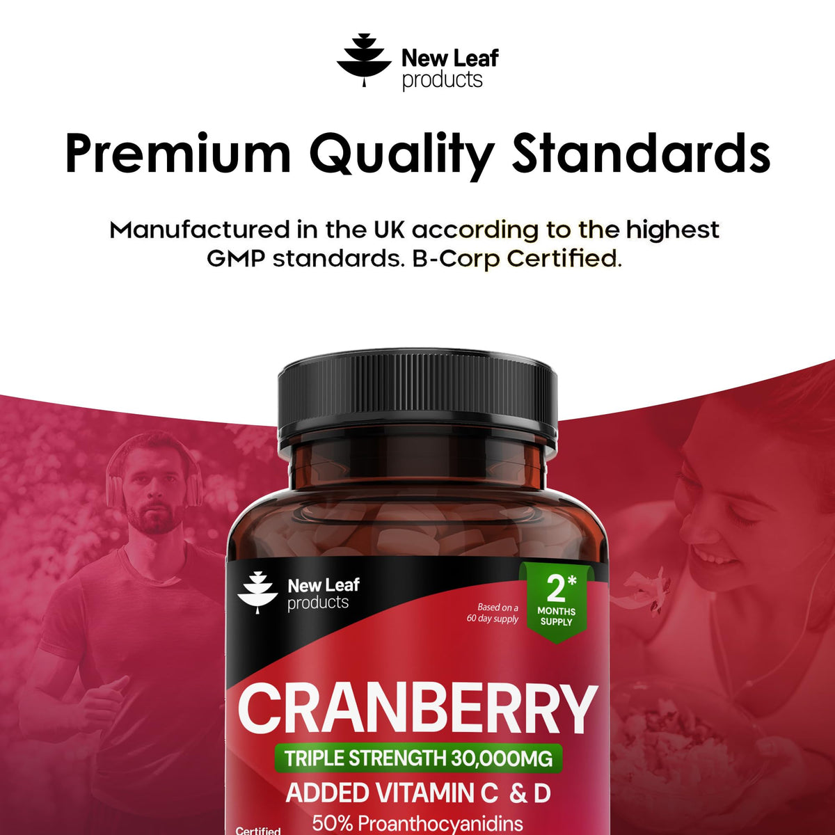 NEW LEAF PRODUCTS Cranberry Tablets Triple Strength 30,000mg - Added Vitamin C & D - 120 Cranberry Supplements Cranberry Supplements for Women and Men - Vegan Cranberry Tablets for Women Made in UK by New Leaf