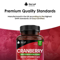 NEW LEAF PRODUCTS Cranberry Tablets Triple Strength 30,000mg - Added Vitamin C & D - 120 Cranberry Supplements Cranberry Supplements for Women and Men - Vegan Cranberry Tablets for Women Made in UK by New Leaf