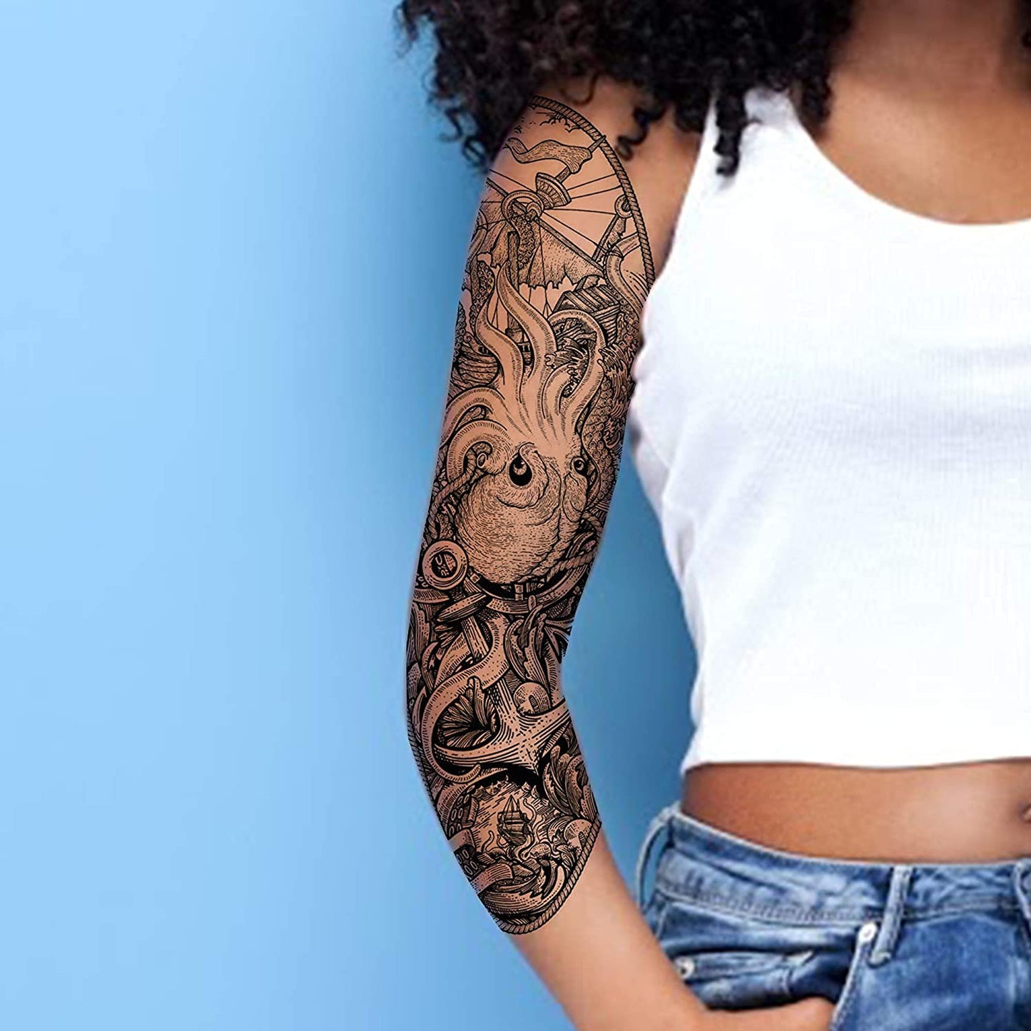 Tatodays temporary tattoo full arm caribbean pirate kraken sailor stick on body art transfer for women and men cosplay halloween adult temp tattoo for arms fancy dress