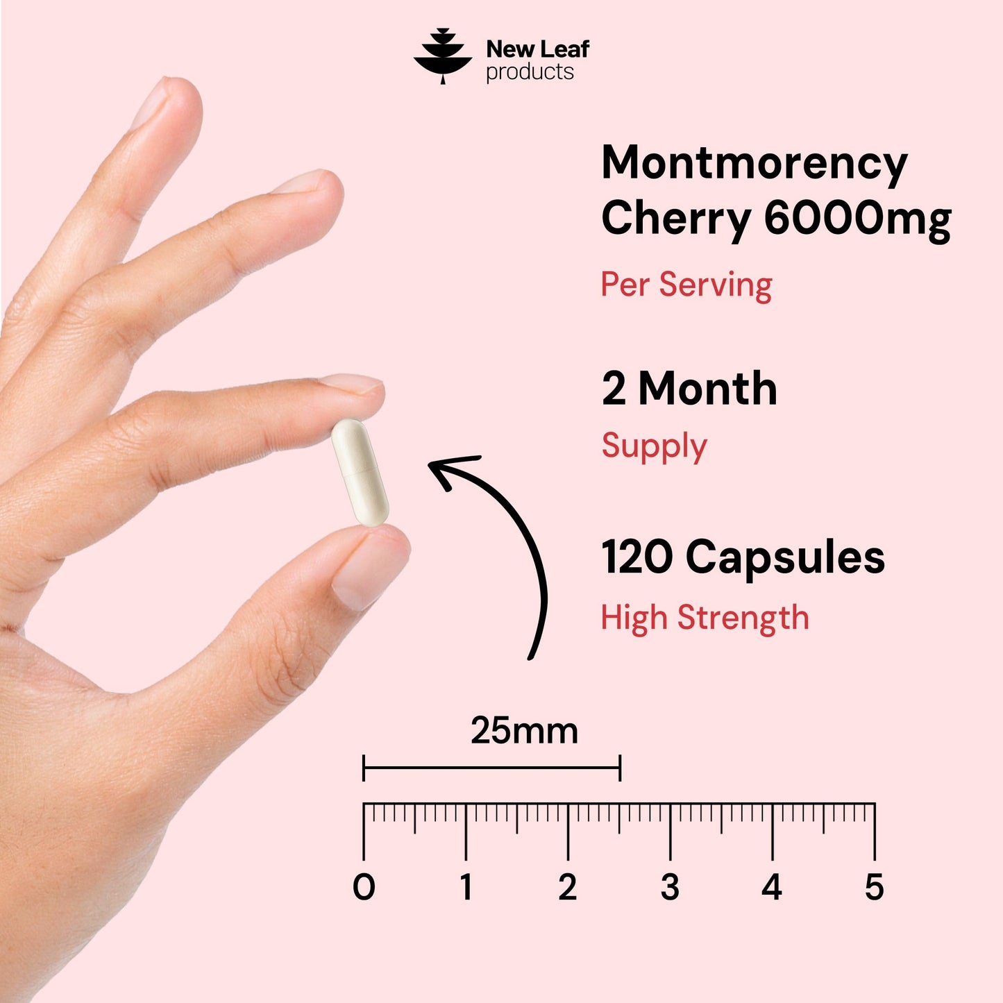 NEW LEAF PRODUCTS Montmorency Cherry 6000mg - 120 Capsules High Strength Concentrate - Natural Tart Cherry Vegan Supplements (not Tablets or Powder) - Non-GMO, 2 Months Supply - (2 per Serving) Made in the UK