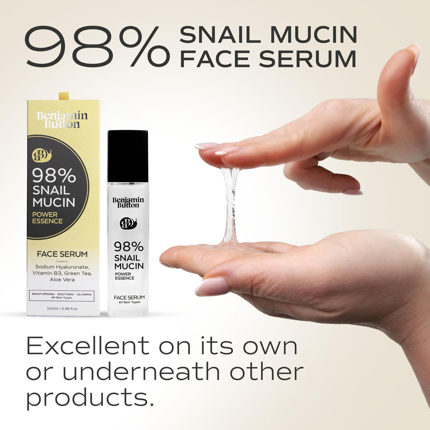 Benjamin Button 98% Snail Mucin Serum - Hydrating, Anti-Aging, & Brightening with Hyaluronic Acid, Niacinamide, Green Tea, Aloe Vera | Ideal for Sensitive Skin & All Skin Types