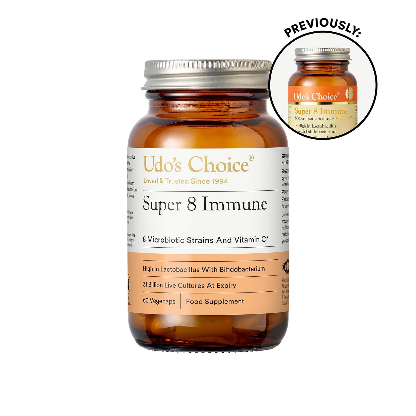 Udo's Choice Super 8 Immune Probiotics - Hi Count Microbiotics with Vitamin C - Supports Bowels and Digestive Health, One a Day Probiotics, 42 Billion Cell Count -8 Microbiotic Strains - 60 Capsules