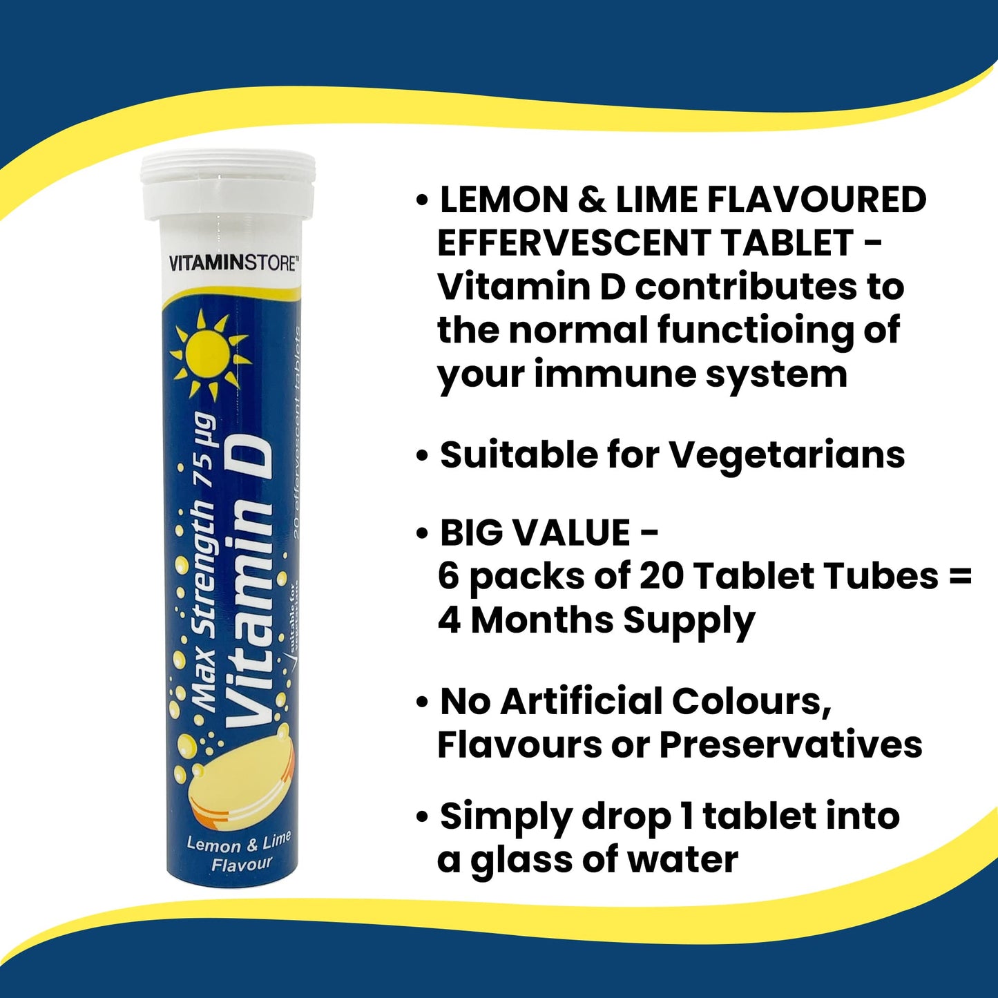 Vitamin Store Vitamin D Effervescent Tablets, Max Strength 75ug, Lemon & Lime Flavoured, Suitable for Vegetarians, 6 Packs of 20 Tablets