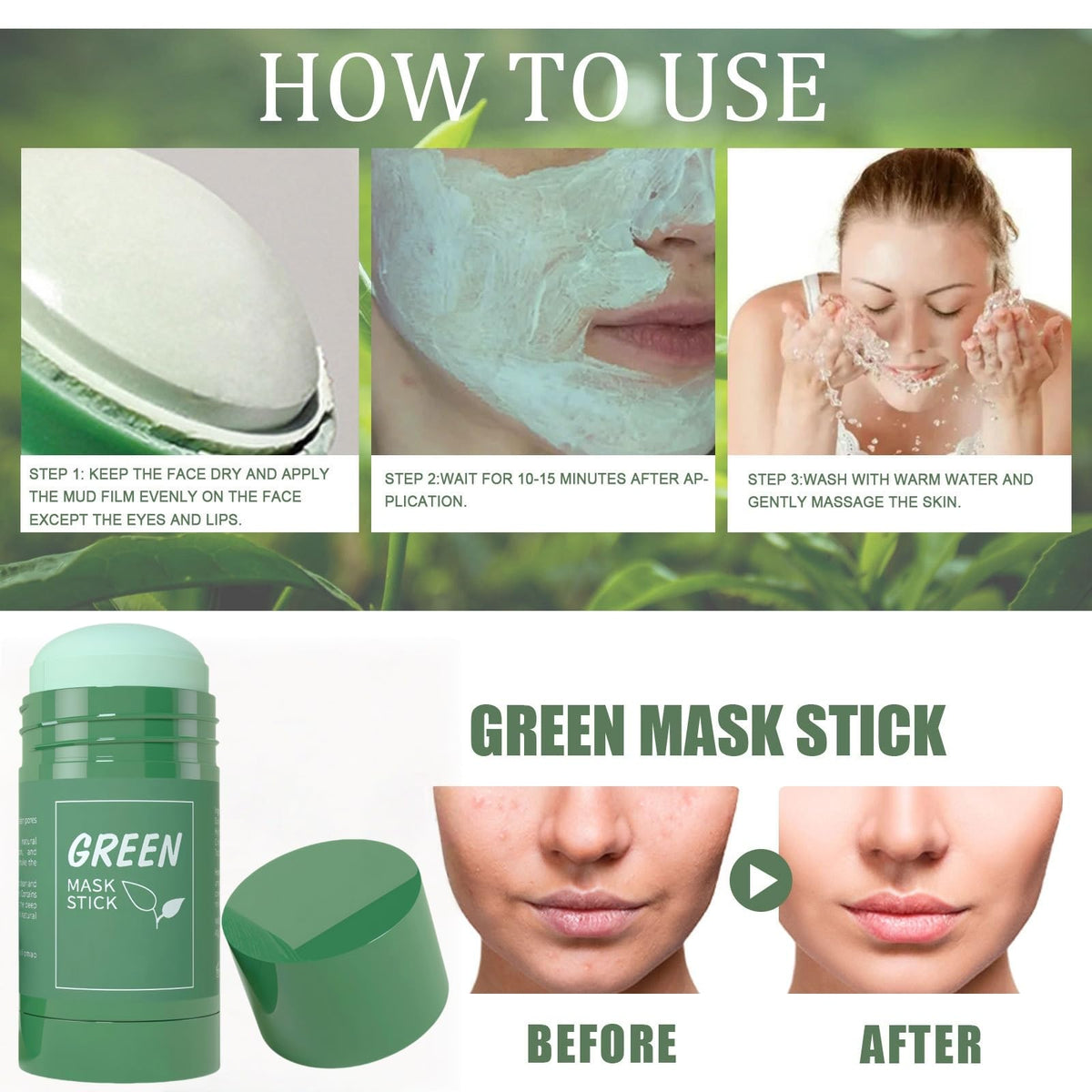 OunTechGlory 2PCS Green Tea Deep Cleanse Mask Stick, Deep Cleansing & Blackhead Remover, Green Tea Face Mask Stick, Moisturizes & Purifies Skin for Men & Women, Deep Cleansing Facial Pores for Skin