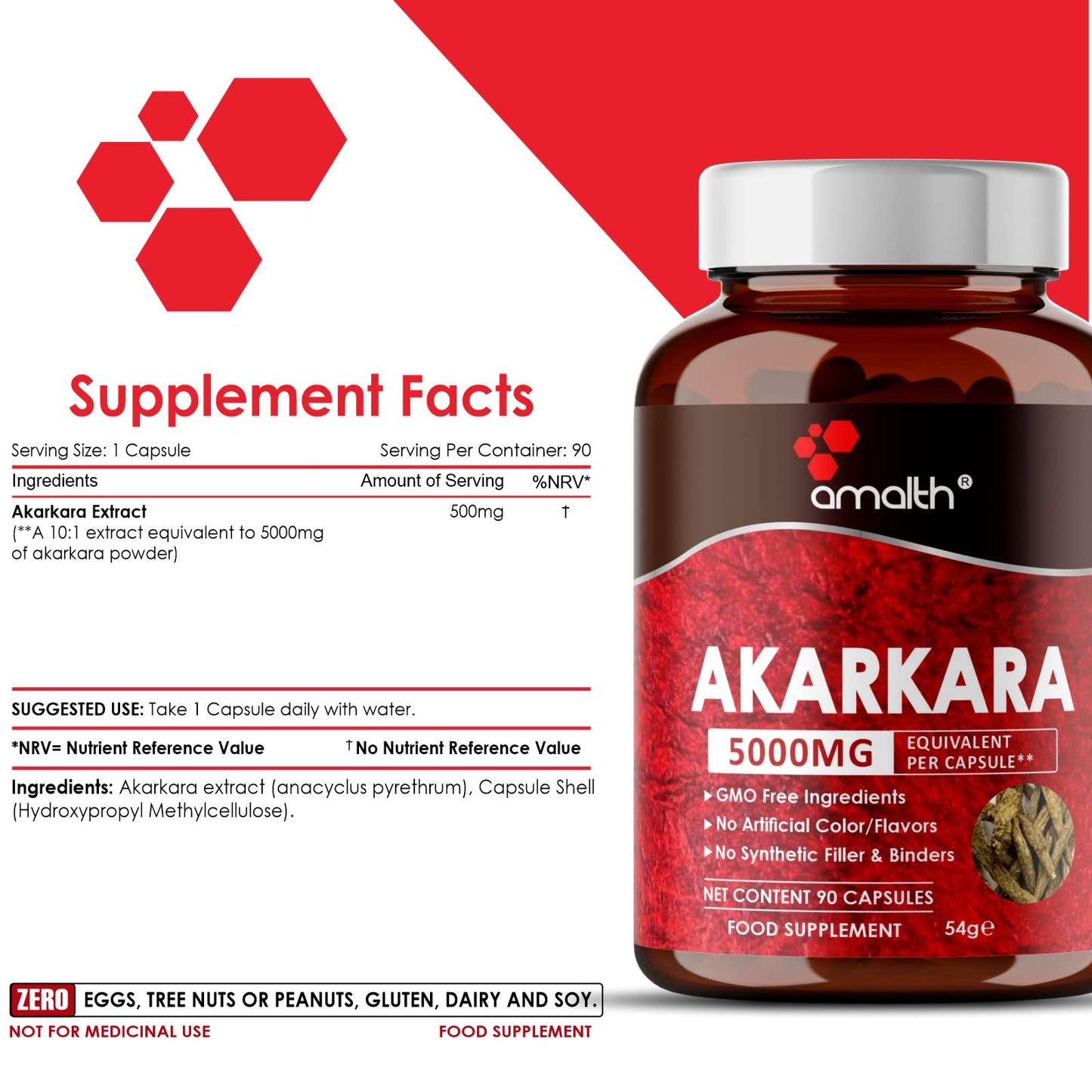 AMALTH Amalth Akarkara Anacyclus Pyrethrum Extract Supplements for Naturally Supports Your Stamina, Strength and Build Lean Muscle Mass- 500mg- 90 Capsules