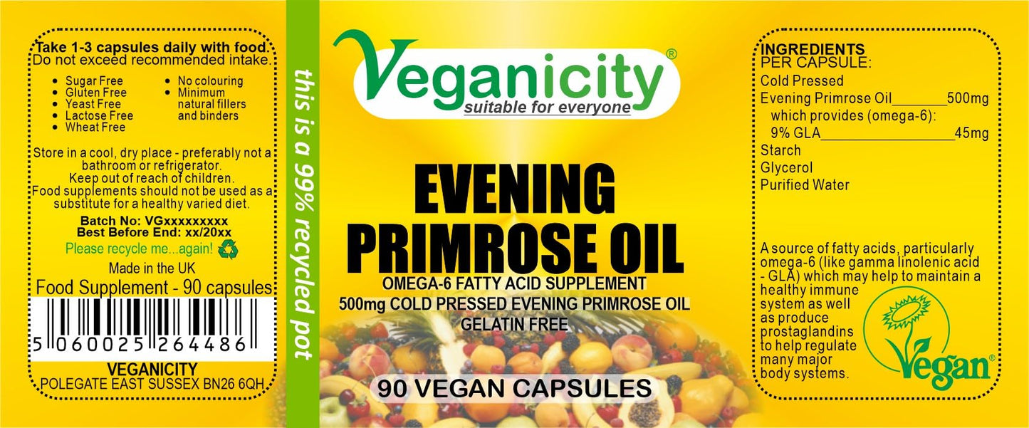 Veganicity Evening Primrose Oil 500mg (9% GLA) : Omega-6 Plant Supplement : 90 Vegan Capsules, in a Planet-Friendly 99% Recycled Pot