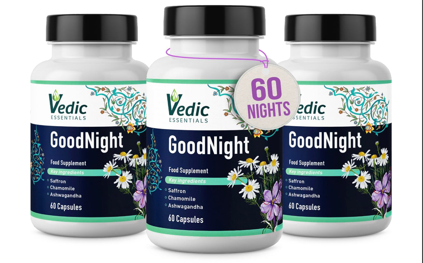 Saffron + Chamomile + Ashwagandha + Melatonin alternative Natural Sleep Aid | Quick and Good night sleep | Vegan, Halal, Gluten-free | 60 nights | Vedic Essentials
