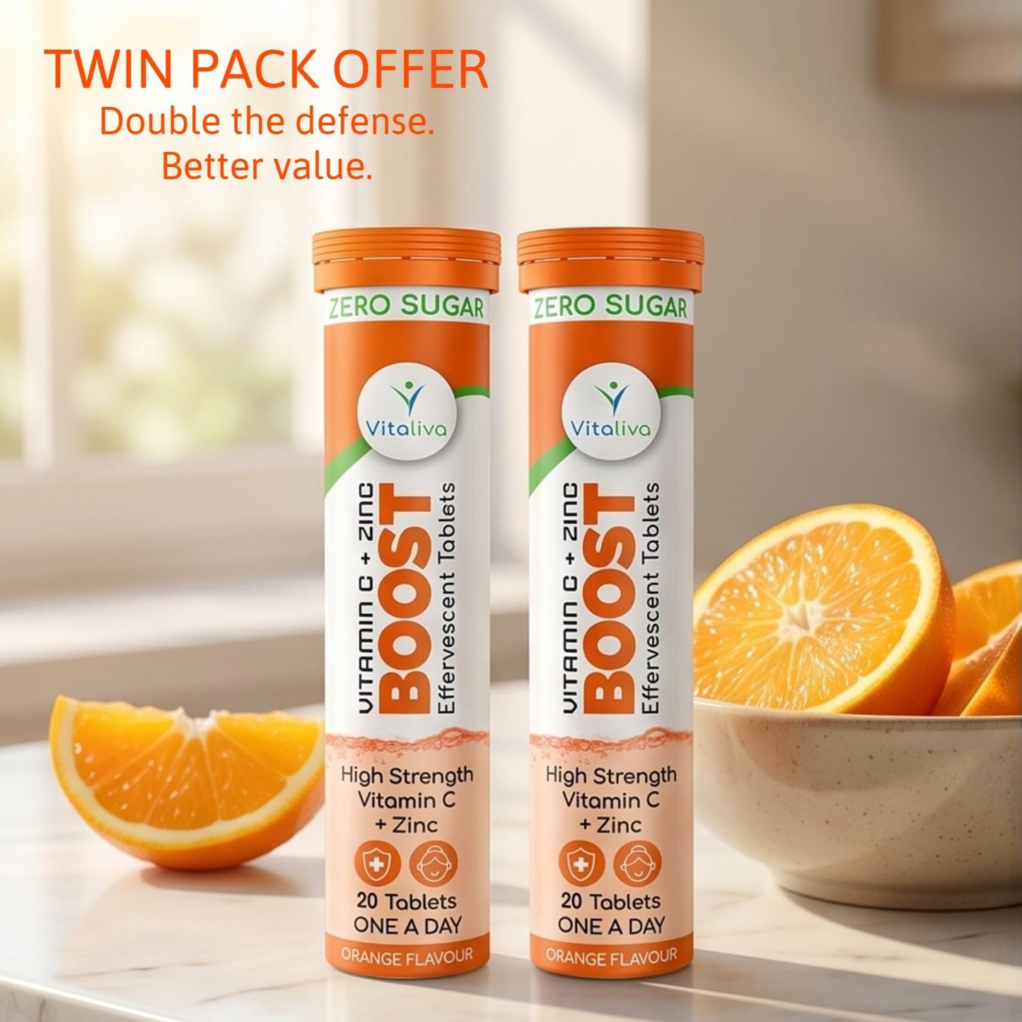 Vitaliva High Strength Vitamin C and Zinc - ONE a Day. Sugar-Free and Vegan Friendly. Twin Pack Deal (2 Packs of 20)