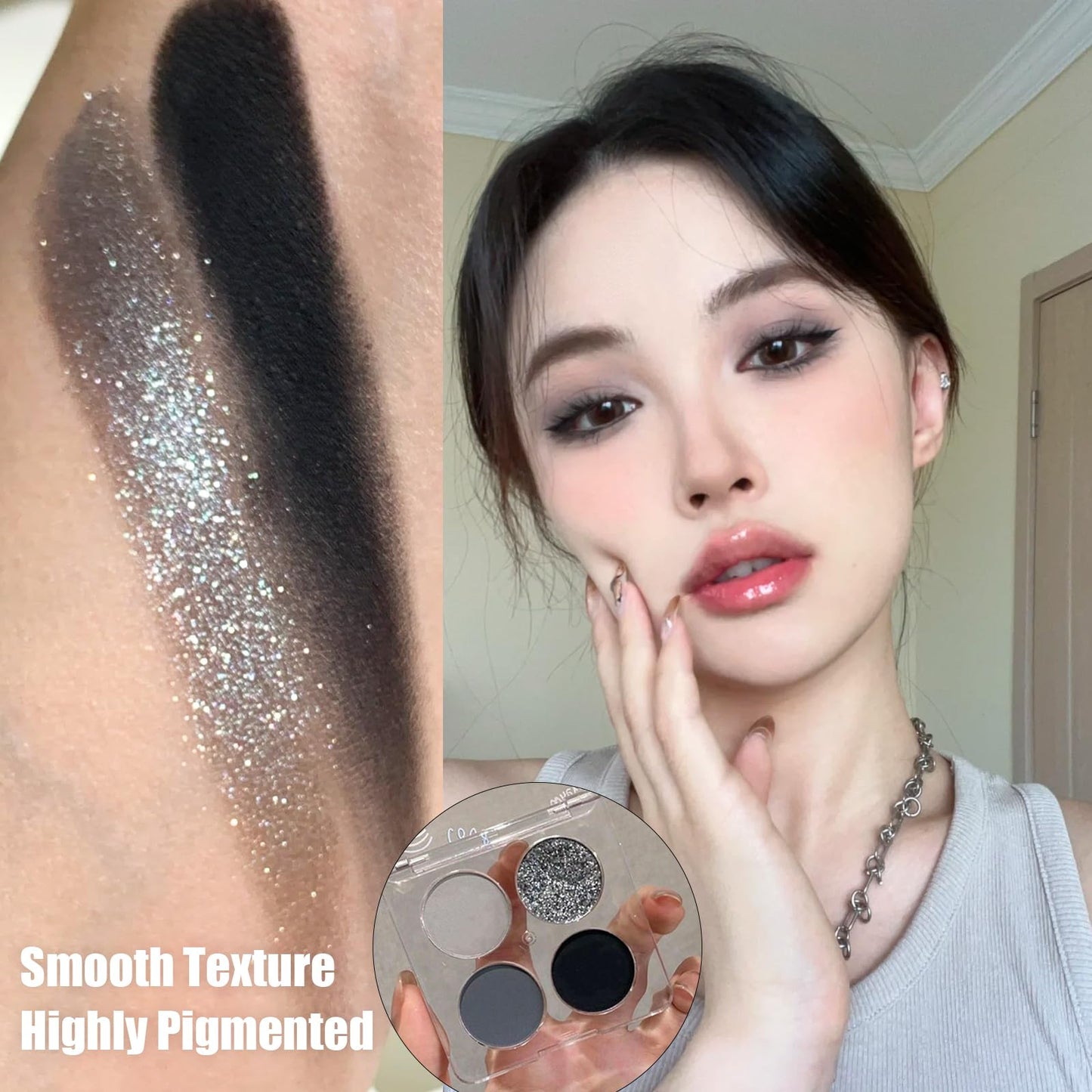LYNTYAOU Black Gray Silver Smoky Eyeshadow Palettes Set, Goth Eye Shadow Shimmer Mate Palette, Cool Make-Up Palettes for Women Glitter Make up Set, Festival Eyeshadows 4 Colour Pigmented with Brush