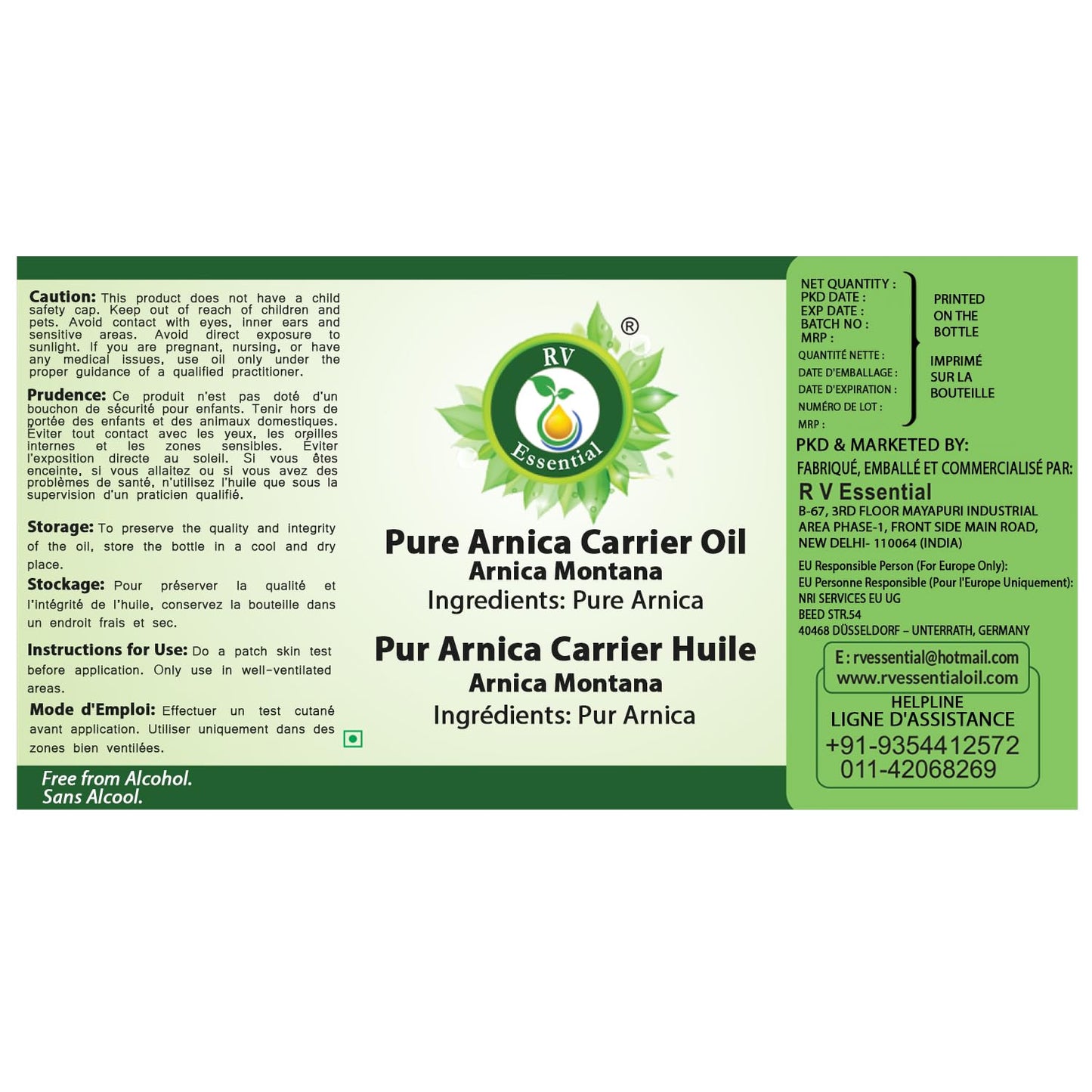R V Essential Pure Arnica Carrier Oil 10ml (0.338oz)- Arnica Montana (100% Pure and Natural Cold Pressed)