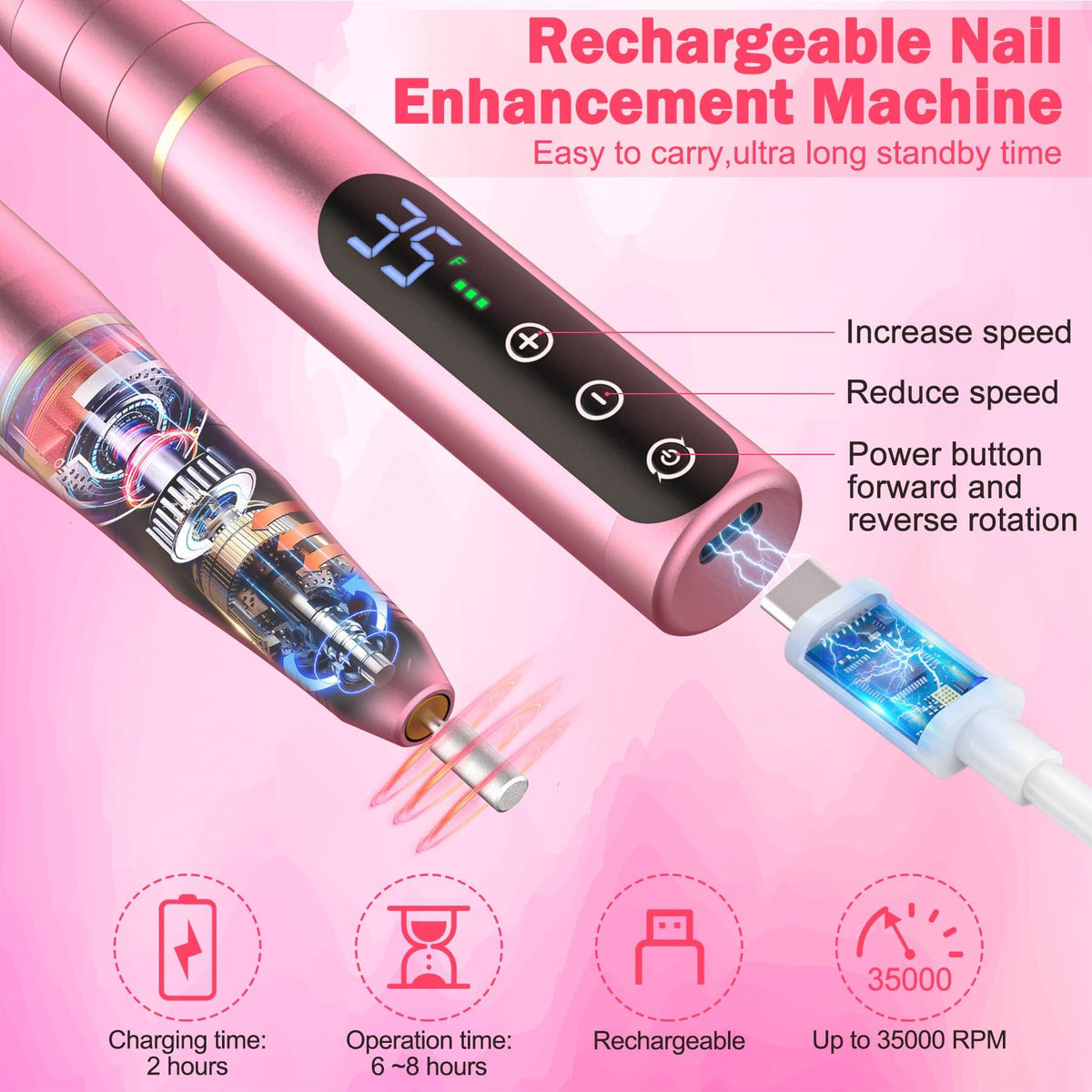 Nail girl Nail Drill NAILGIRLS Rechargeable Cordless Nail Drill Machine, Portable Electric Nail Drill 35000RPM Professional Electric Nail File for Acrylic Gel Nails, Efile Manicure Pedicure Polishing, Pink