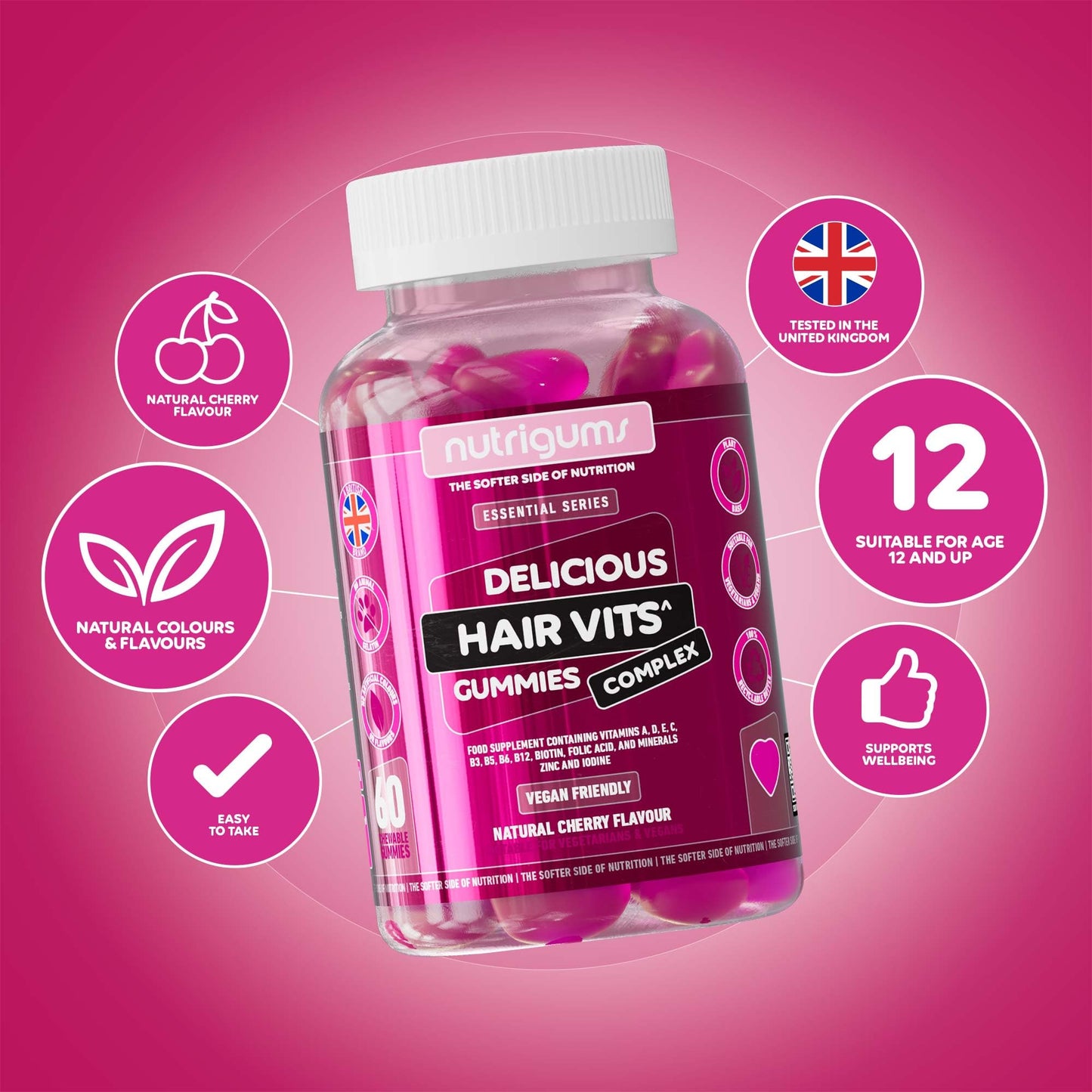 Nutrigums Hair Vitamin Biotin Complex Gummy | 12 Essential Vitamins containing Biotin, Vitamin C, Folic Acid and Zinc | Cherry Flavour | 60 Vegan Gummies | Maintain Healthy Hair Growth by NUTRIGUMS®